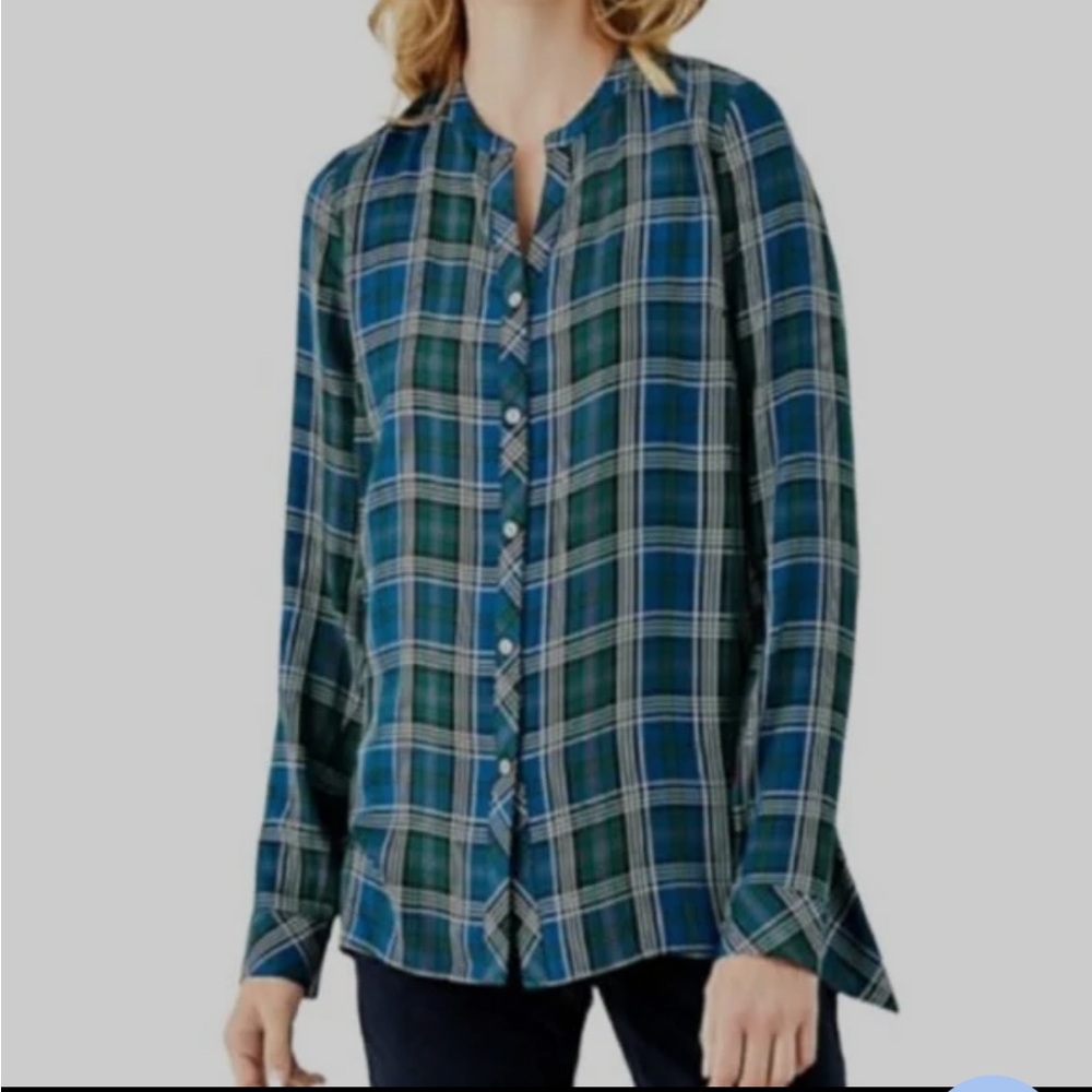 J. Jill Blue and Green Plaid Button-Down Rayon Shirt